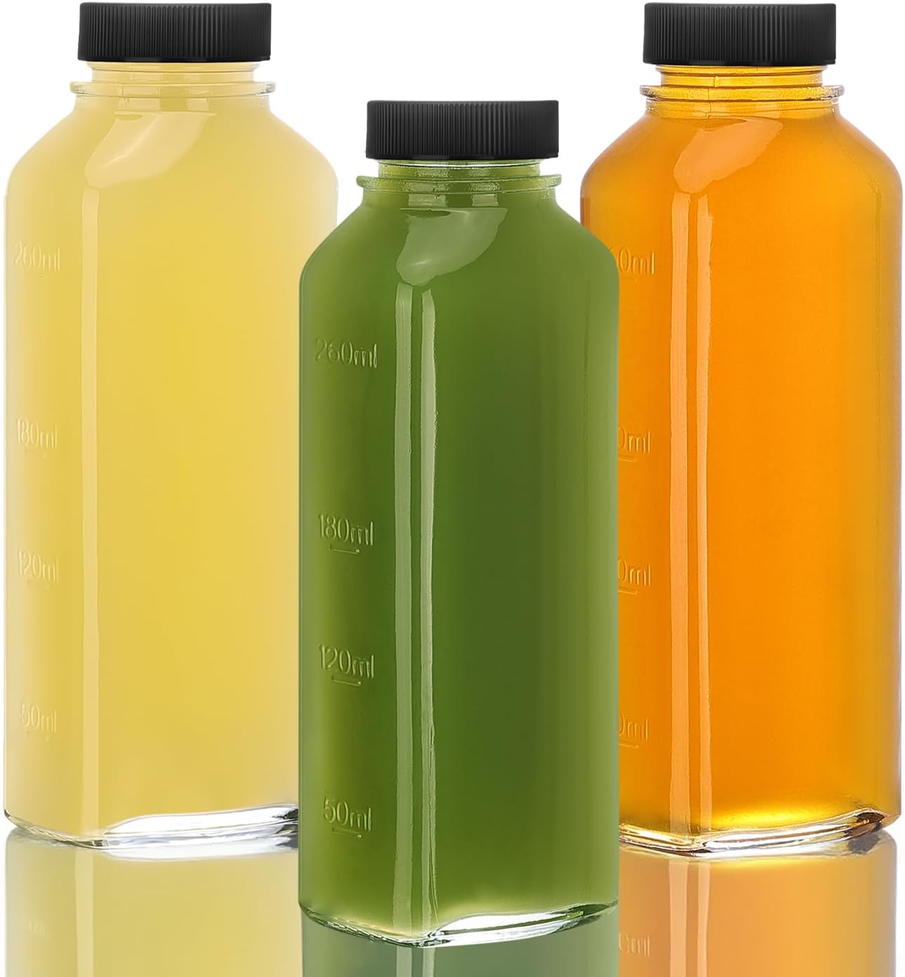 Glass Juice Bottles with Lids - Set of 3-10 oz/300 ml Clear Glass Jars with Leakproof Caps - Reusable Drink Containers for Juicing, Smoothies, Water, Kombucha, and More - Include Replacement Lids 10 oz-3 Pack