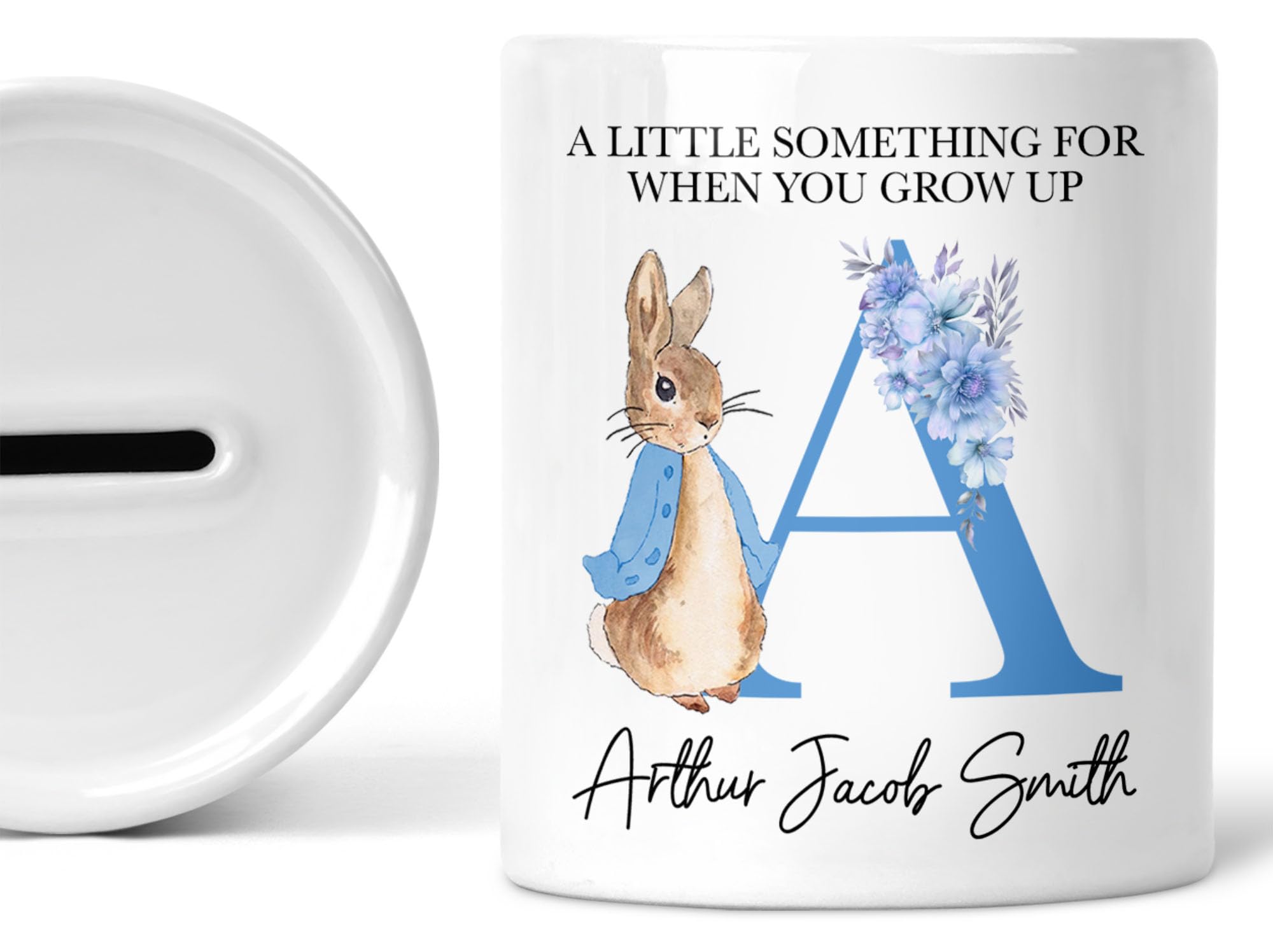 Personalised New Baby Money Box, Custom Name Gift, Baby's Piggy Bank, Flopsy Rabbit, Christening, Baby Girls, Boys, Baptism, Keepsake (BLUE)