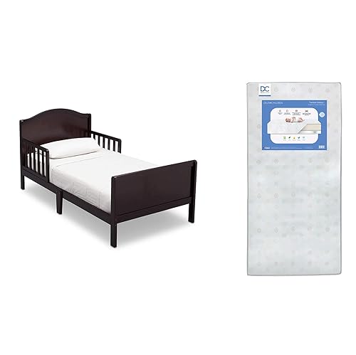 Delta Children Bennett - Cama para niños pequeños, chocolate oscuro + Delta Children Twinkle Galaxy colchón de doble cara con núcleo de fibra