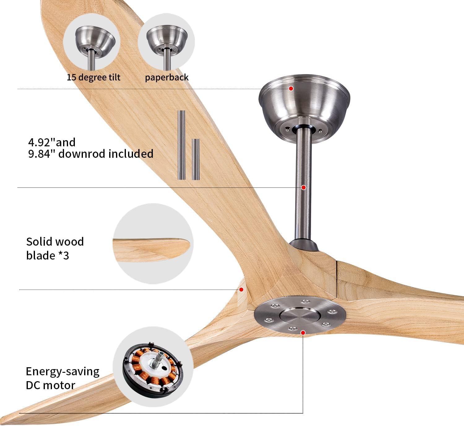 Bigzone 70" Ceiling Fan with Remote, DC Motor, Energy-Efficient, 3 Real Wood Blades, Brushed Nickel Finish, Reversible Blades, No Light