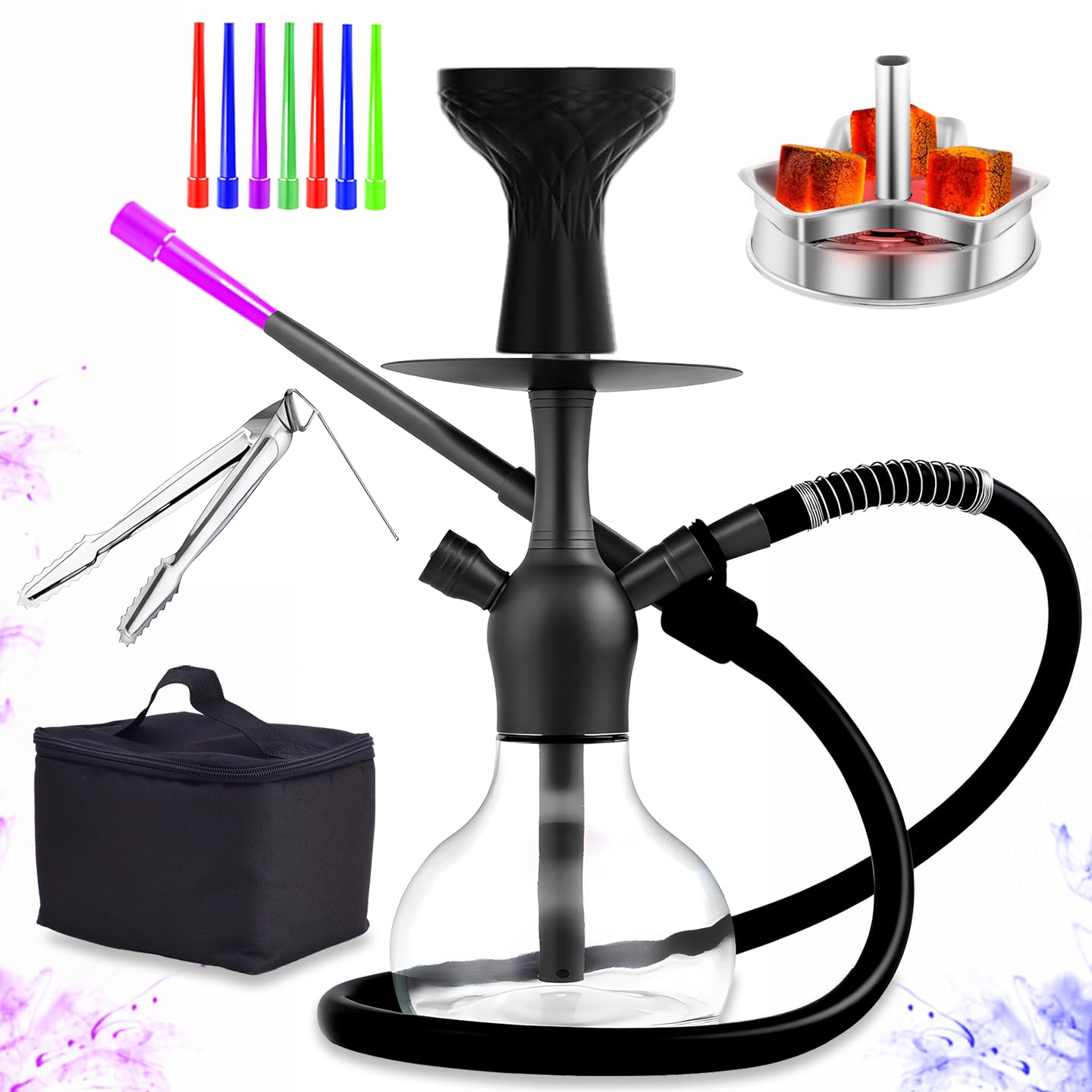 14 Premium Hookah Set - Portable Shisha Kit with Protective Carrying Case Featuring Silicone Hose Stainless Steel Bowl