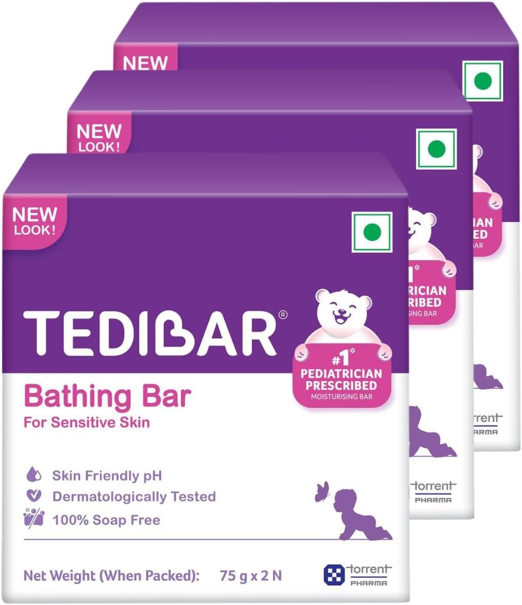 Tedibar Moisturising Baby Bathing Bar 75x2g (Pack of 3) 100% Soap Free No. 1* Pediatrician Prescribed Moisturising Bar - By Torrent Pharma
