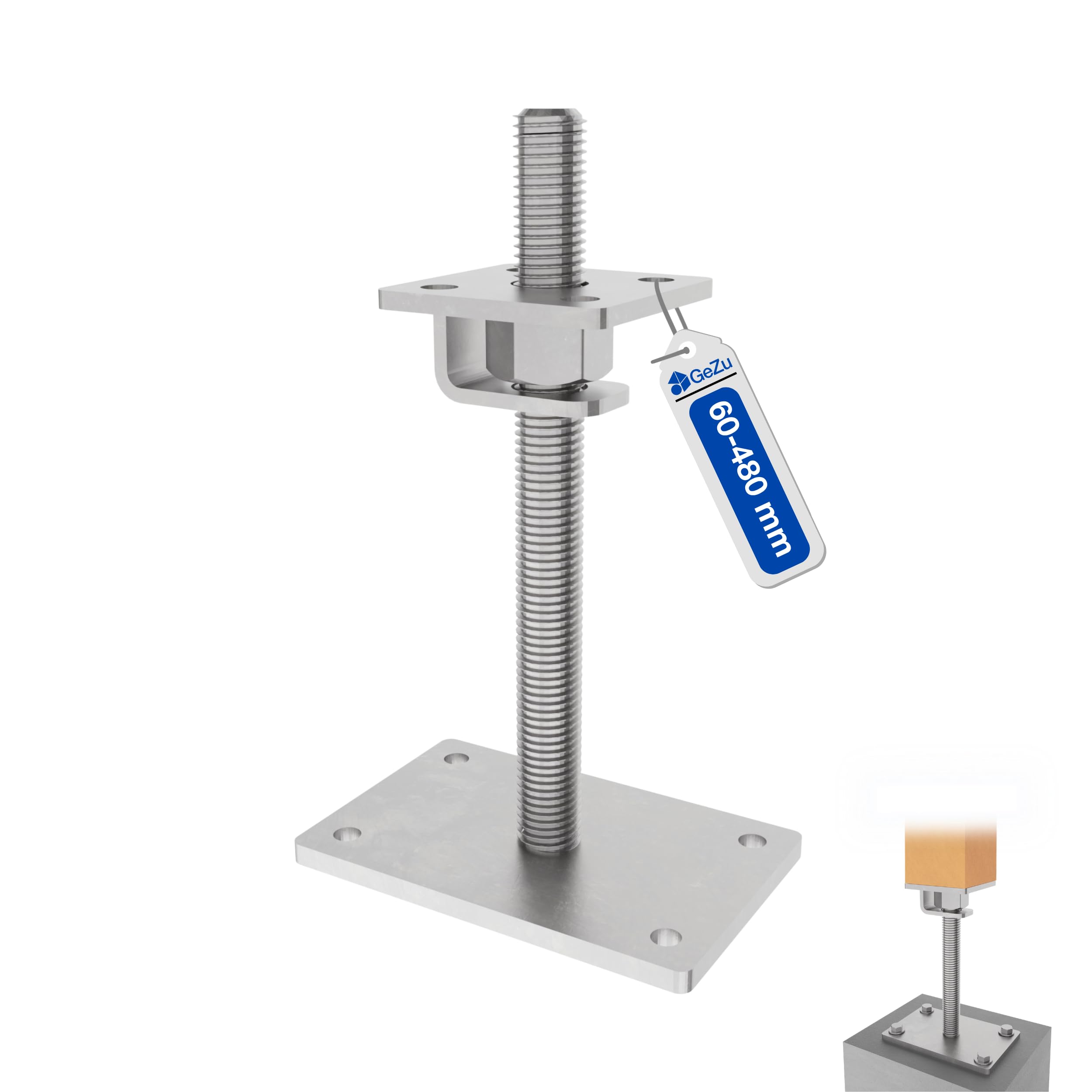GeZu Impex Adjustable Post Support 100 x 100 mm Zinc Flake height adjust holder elevated base — image 1