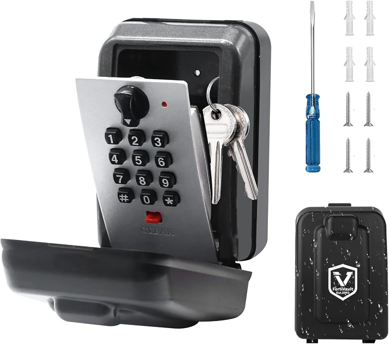 FortiVault 12-Digit Key Lock Box With Code, Wall-Mounted Weatherproof，Gray | Aluminum alloy + ABS cover, 12-digit combo, large buttons for low-light, holds keys fobs cards, wall-mount included
