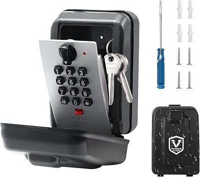 FortiVault 12-Digit Key Lock Box, Wall-Mounted Weatherproof,Gray | Aluminum alloy + ABS cover, 12-digit combo, large buttons for low-light, holds keys fobs cards, wall-mount included