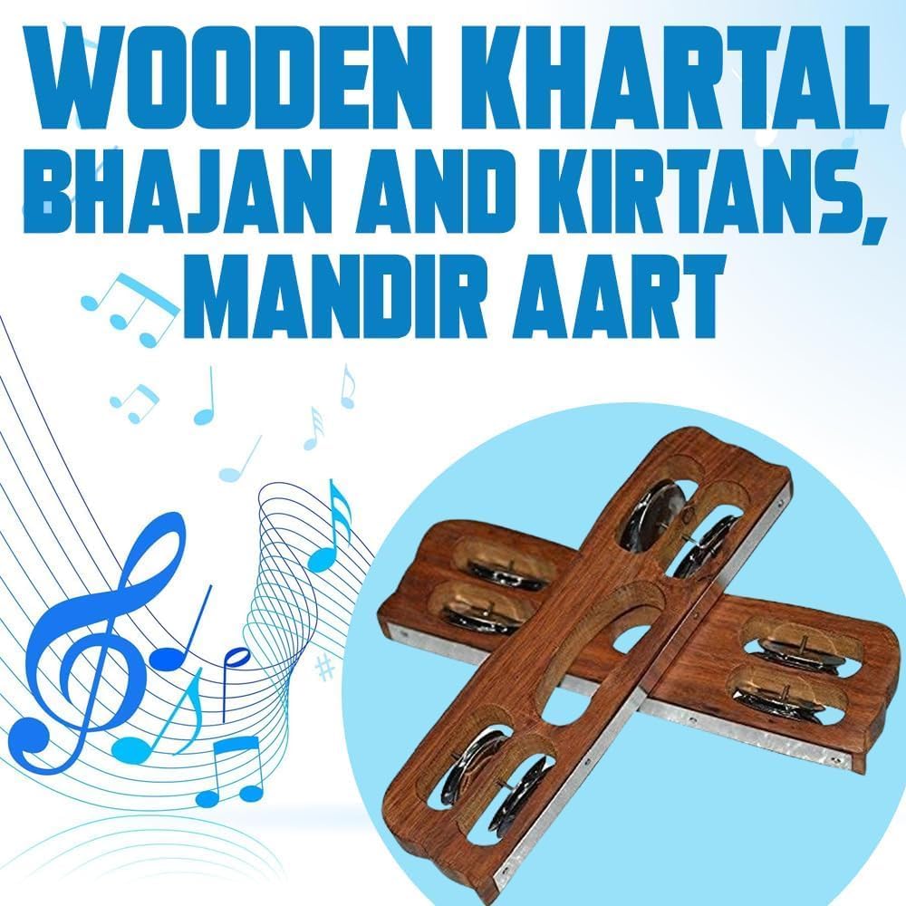 Wooden Jingle Tambourine Finger Grip Hand Percussion Instrument for Pooja Bhajan Kirtan Flat Design with Metal Cymbals 1 Pair