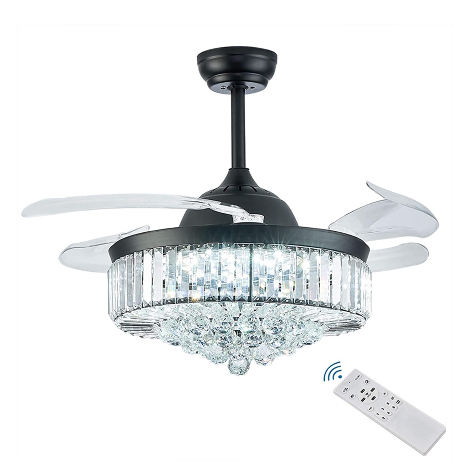 TRDEWR Chandelier Ceiling Fan Lighting, Crystal Ceiling Fan Light Dimmable Fandelier with Remote Control, Retractable Blade Ceiling Fan Good Light and Shadow Effects(Black)