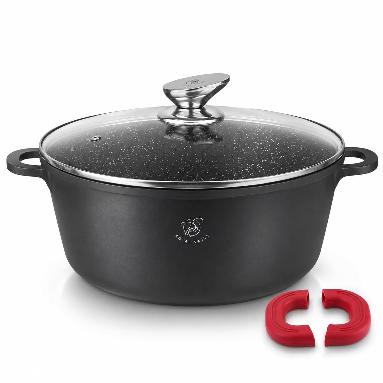 Royal Swiss Faitout 40 cm Noir 19,5 L – Revêtement Marbre Antiadhésif, Couvercle en Verre, Compatible Induction & Four, Fonte d’Aluminium, Poignées Silicone Amovibles (Noir, 40 cm)
