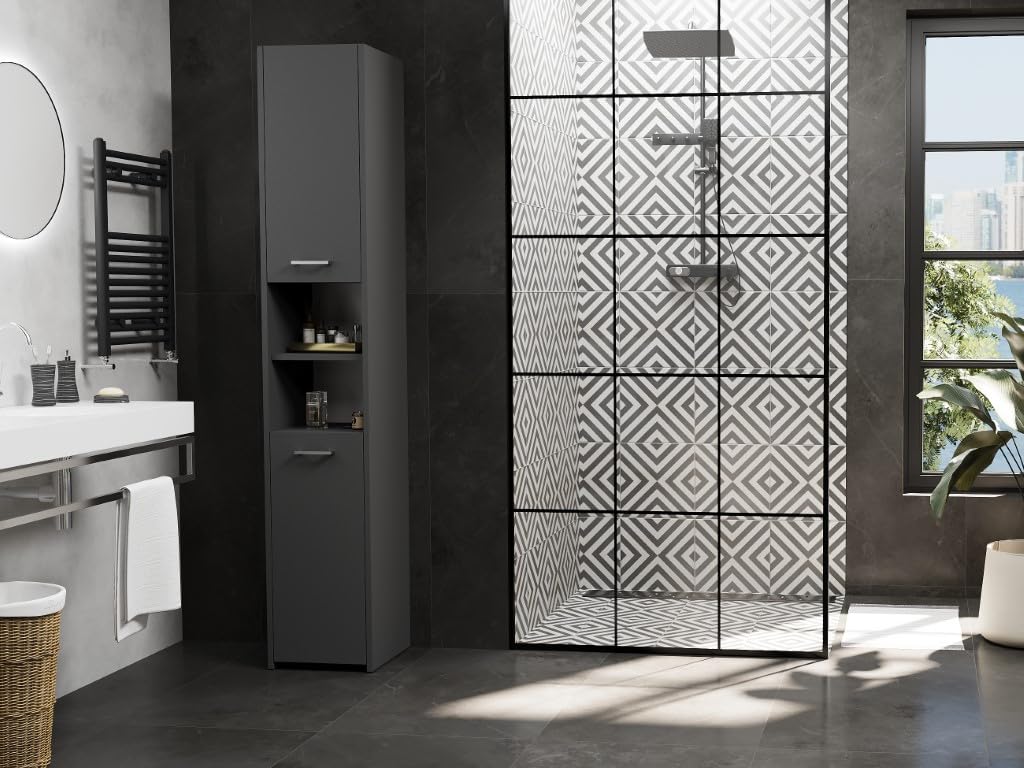 Badezimmerschrank L-30 Anthrazit 30x30x170 cm – schmaler Hochschrank mit 2 Türen & 6 Regalen, Bücherregal für Bad & Flur, Modern L-30