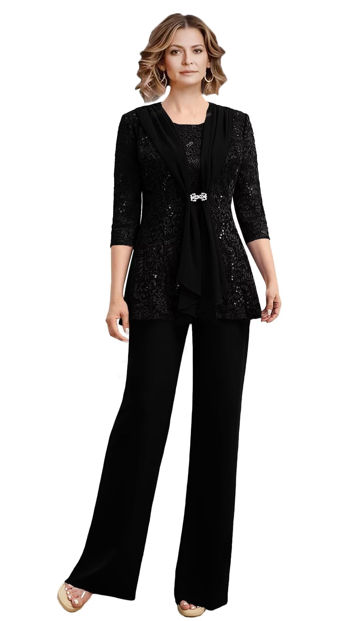 3 Piece Mother of The Bride Pant Suits Chiffon Applique Grandmother of The Bride Pantsuits for Wedding with