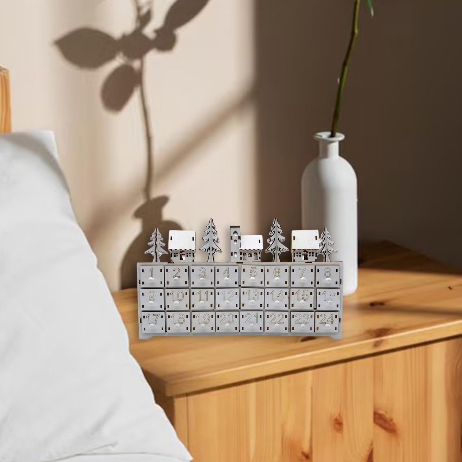Holz LED Beleuchteter Adventskalender mit 24 Schubladen Countdown Kalender Desktop Dekoration Einzigartige Weihnachtsfeiertage