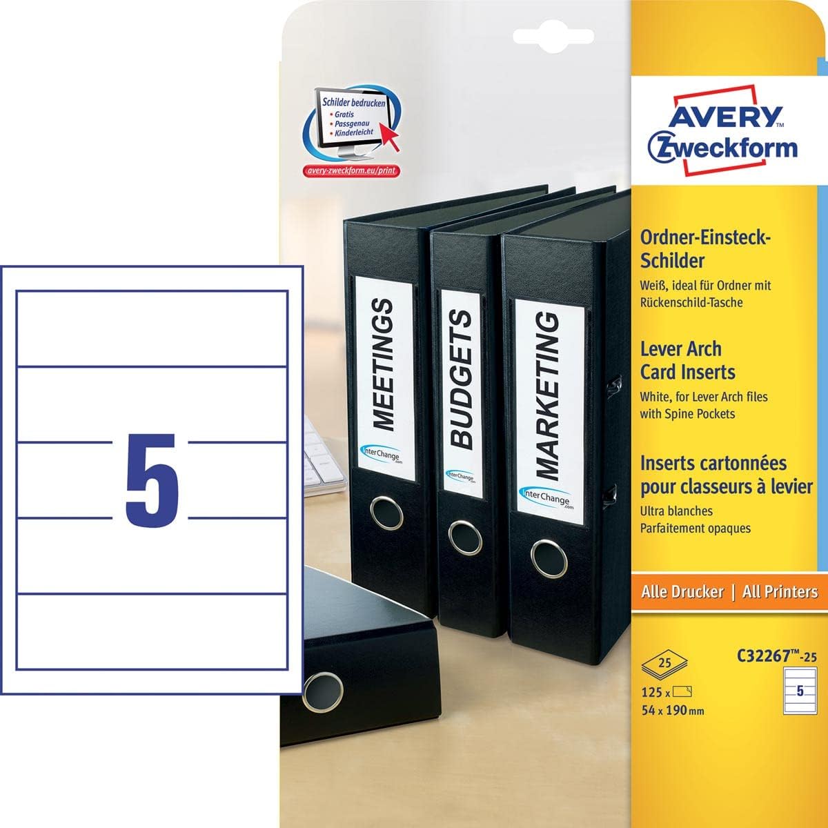 ADZ C32267-25 Card Inserts for Lever Arch Folder Spines by Leitz and Elba Non-Coated Micro-Perforations 170 g 54 x 190 m White 25 Sheets