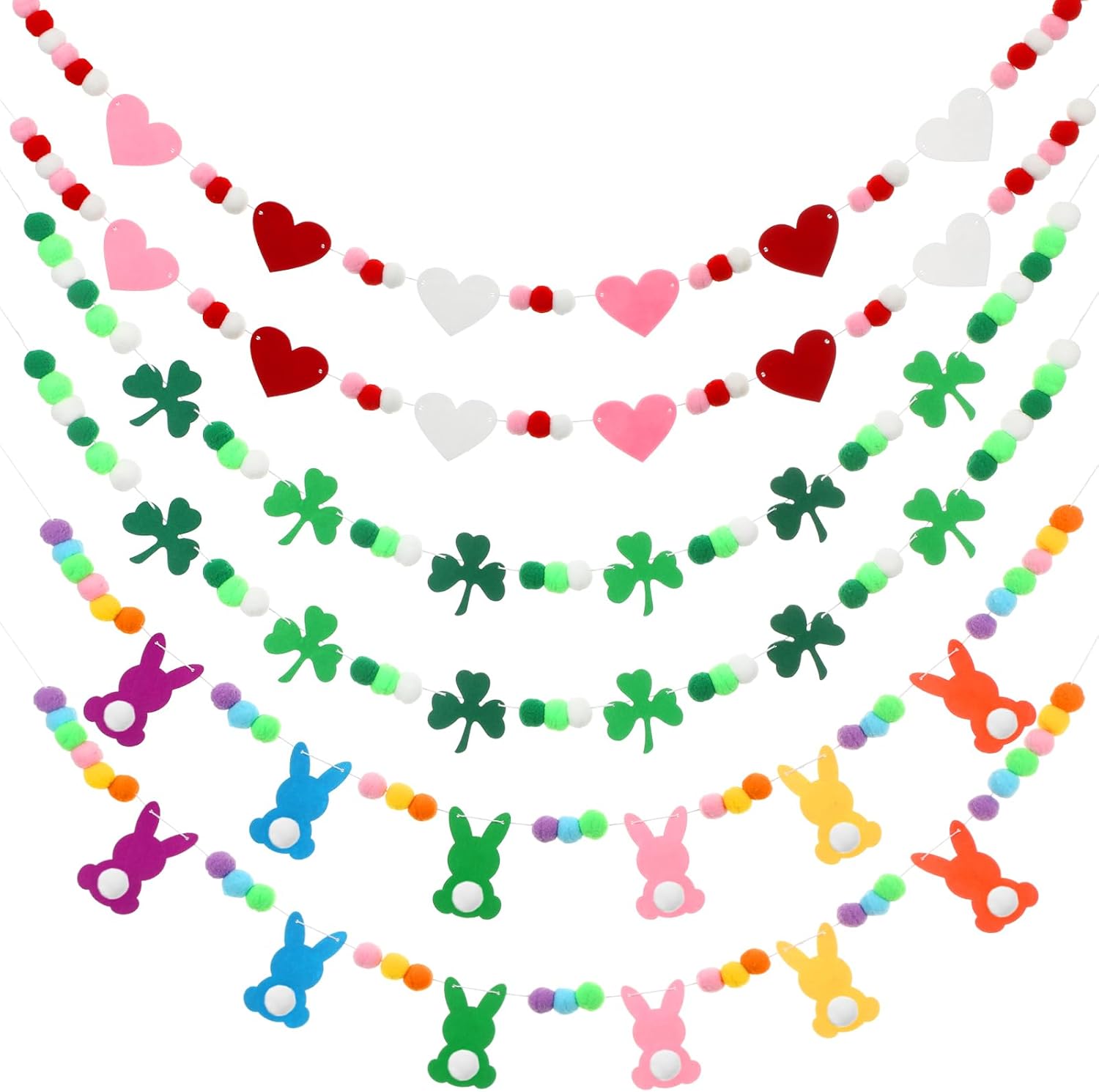 Breling Valentines Day Decorations 6 Pcs Felt Garland for Valentines, St Patrick's, Easter Decorations, Heart Shamrock Bunny Garland Pom Pom Felt Banner for Mantle Fireplace Wall Home Party Decor