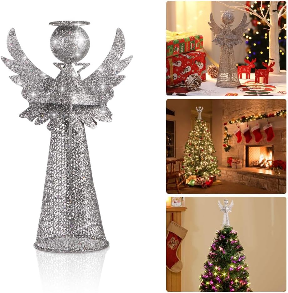 Amosfun Christmas Tree Topper Angel Glittering Christmas Tree Ornament Topper Angel Winter Party Decoration Supply 9 Inch
