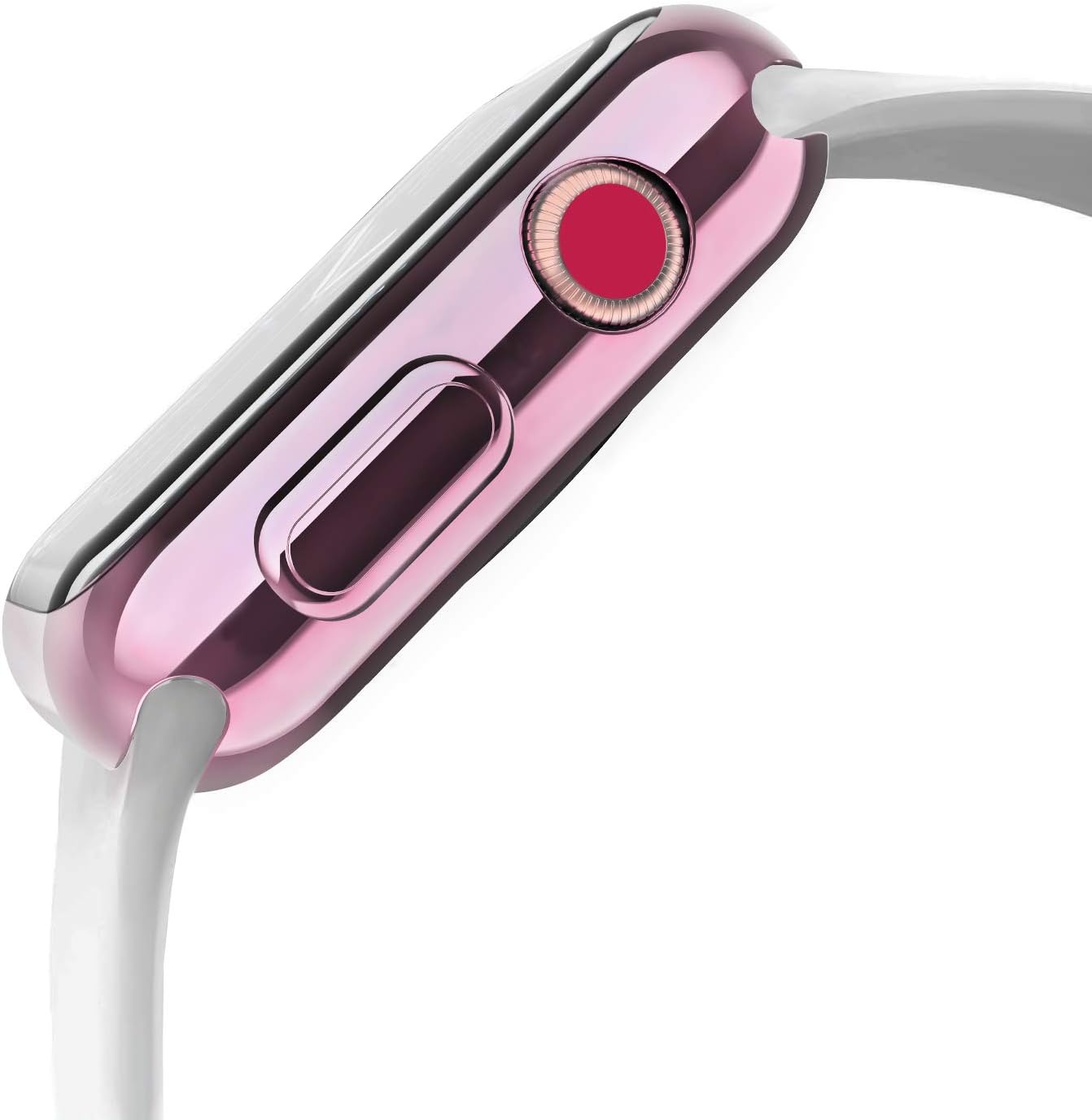 Close-up side view of an Apple Watch Series 3 with the rose-pink protective case installed, showing the precise cutouts around the Digital Crown and side button.