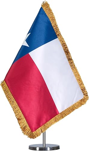 SYII Bandera de mesa de Texas con flecos dorados de 7.8 x 11.8 pulgadas, fabricada en Estados Unidos, 2 capas de doble cara resistente, bandera de