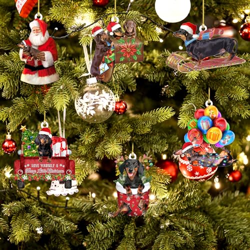 Weihnachtsbaumschmuck, Christbaumschmuck, 4 Stück Dackel Weihnachtsanhänger mit Doppelseitiger, Dackel Hängender Acryl, Weihnachtsdeko zum Aufhängen, Weihnachtsdekoration, Weihnachten Ornamente