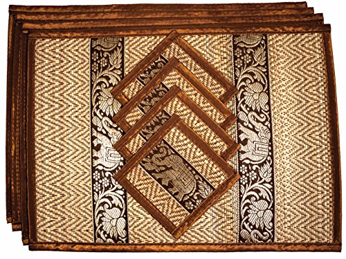 Cccollections Hand-Woven Table Placemats & Coasters Set for Everyday Dining | Thai Style Wicker Placemats Alternative to Plastic Heat Resistant - 4 Pcs