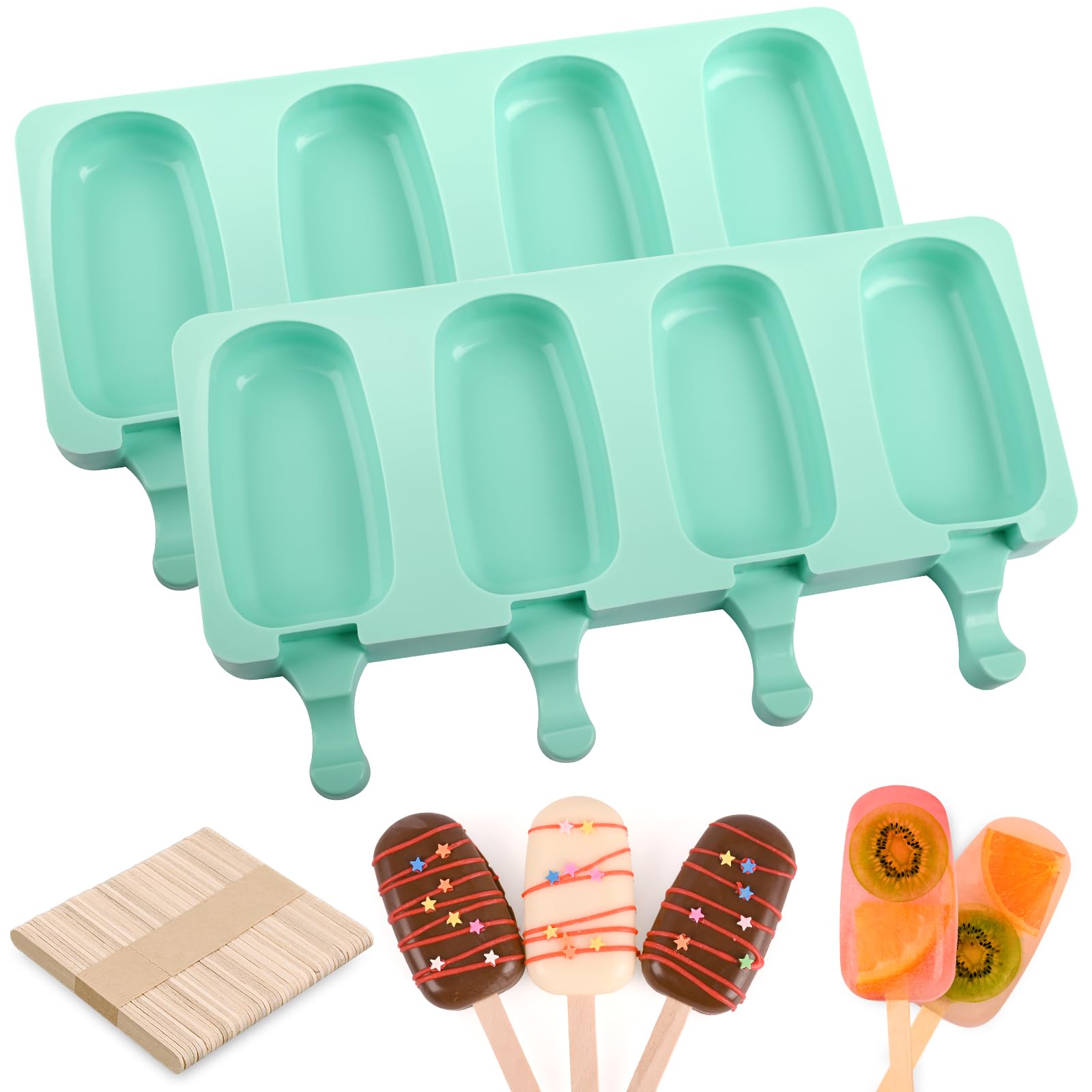 WMKGG Popsicle Silicone Molds Set, 2 PCS Ice Cream Molds with 50 Wooden Sticks for Cake Pop, Ice Pop, Cakesicles (Standard Size/Green)
