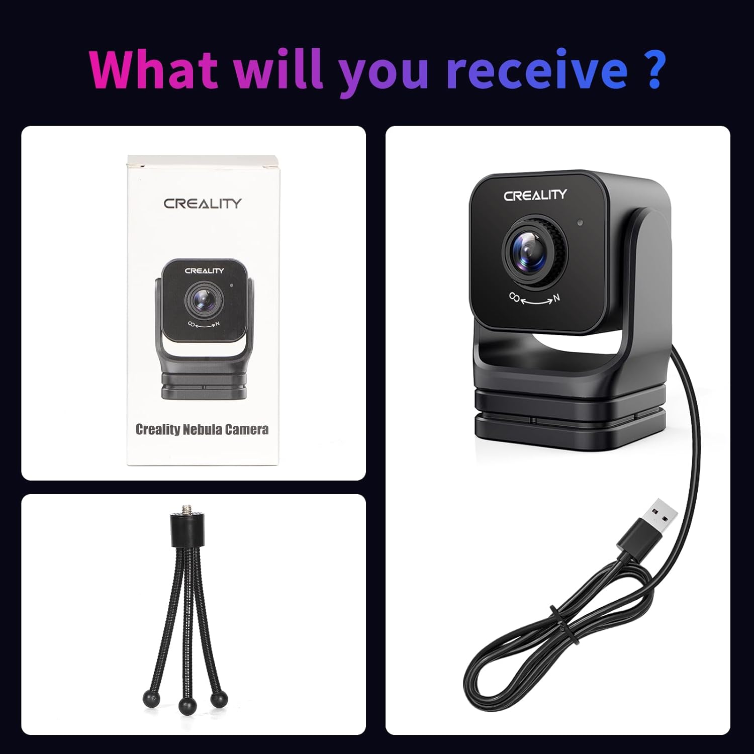 Contents of the Creality Nebula Camera package including camera, USB cable, and tripod