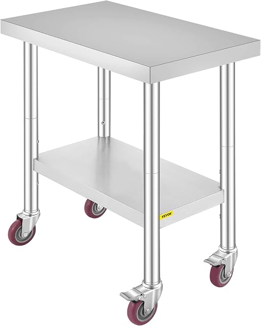 Succebuy Stainless Steel Dining Table 762x457 mm Catering Work Table 30x18Inch Stainless Steel Table with 4 Wheels Commercial Food Prep Workbench with Flexible Adjustment Shelf for Kitchen Prep Table