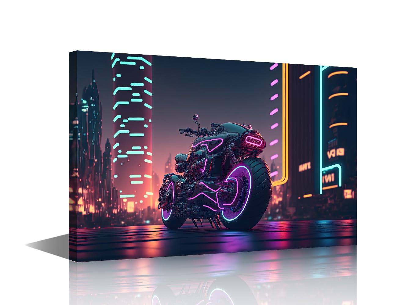 1 Panel Canvas Wall Art Futuristic Style Motorbike or Big Bike with Neon Light Cityscape Posters and Prints, Modern Art for Living Room Bedroom Wall Decoration, Ready to Hang, 36"Wx24"H