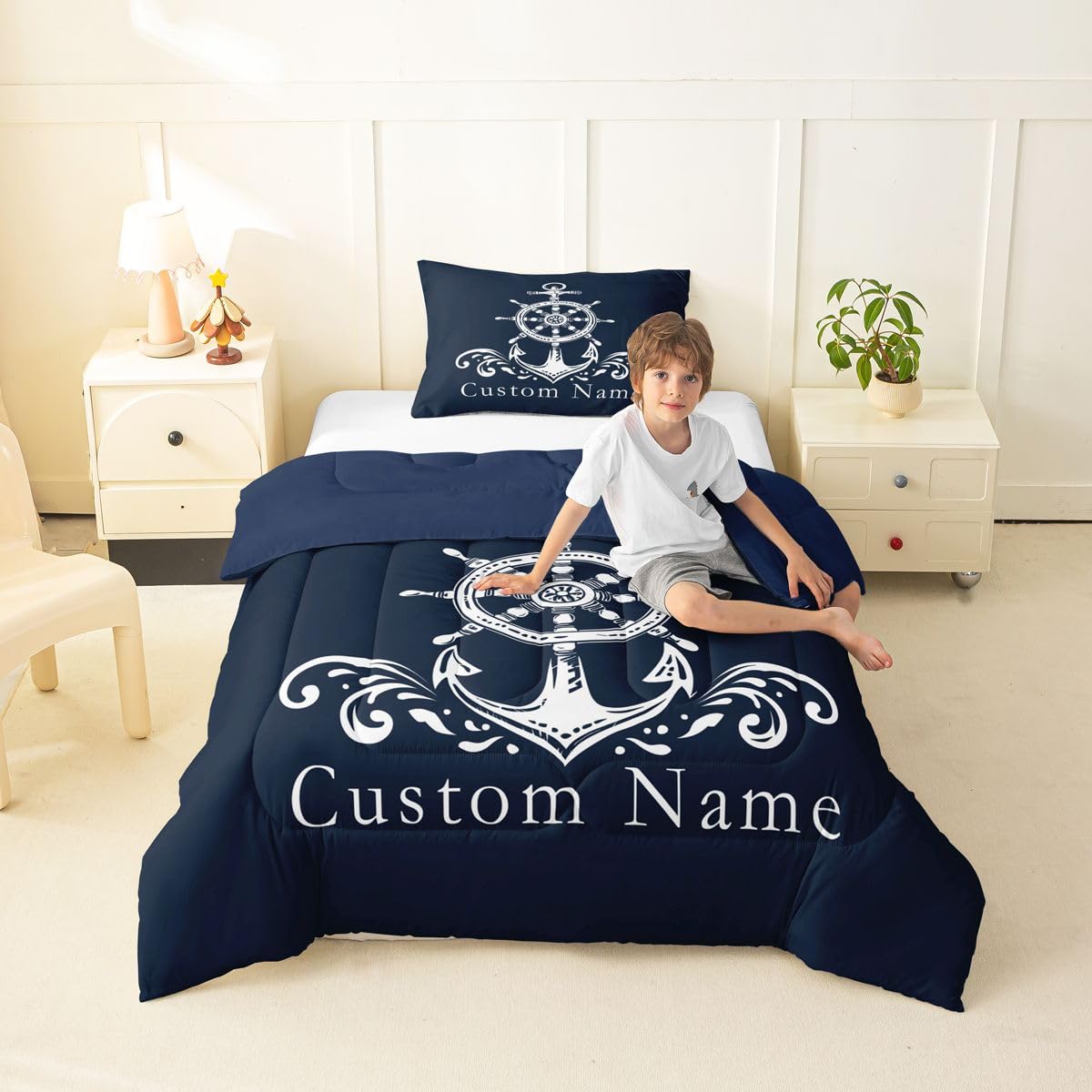 Erosebridal Nautical Anchor Bedding Set, Custom Name Ocean Sailboat Navy Blue Comforter Set Twin Size for Kids Teens Adult, Coastal Compass Bedding