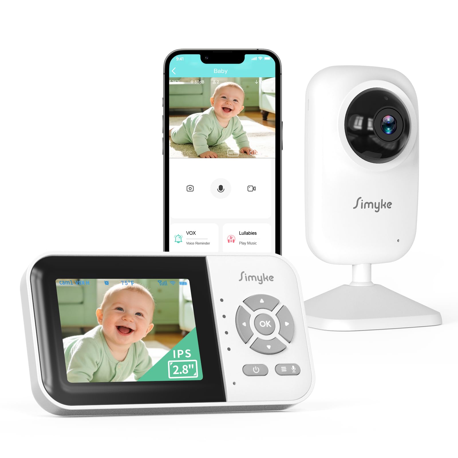 Simyke Babyphone caméra, écran IPS avec Connexion sans Fil directe, Liaison Smartphone WiFi, Vision Nocturne Automatique, Batterie 2500mAh, Mode VOX, Appel bidirectionnel, Partage Familial