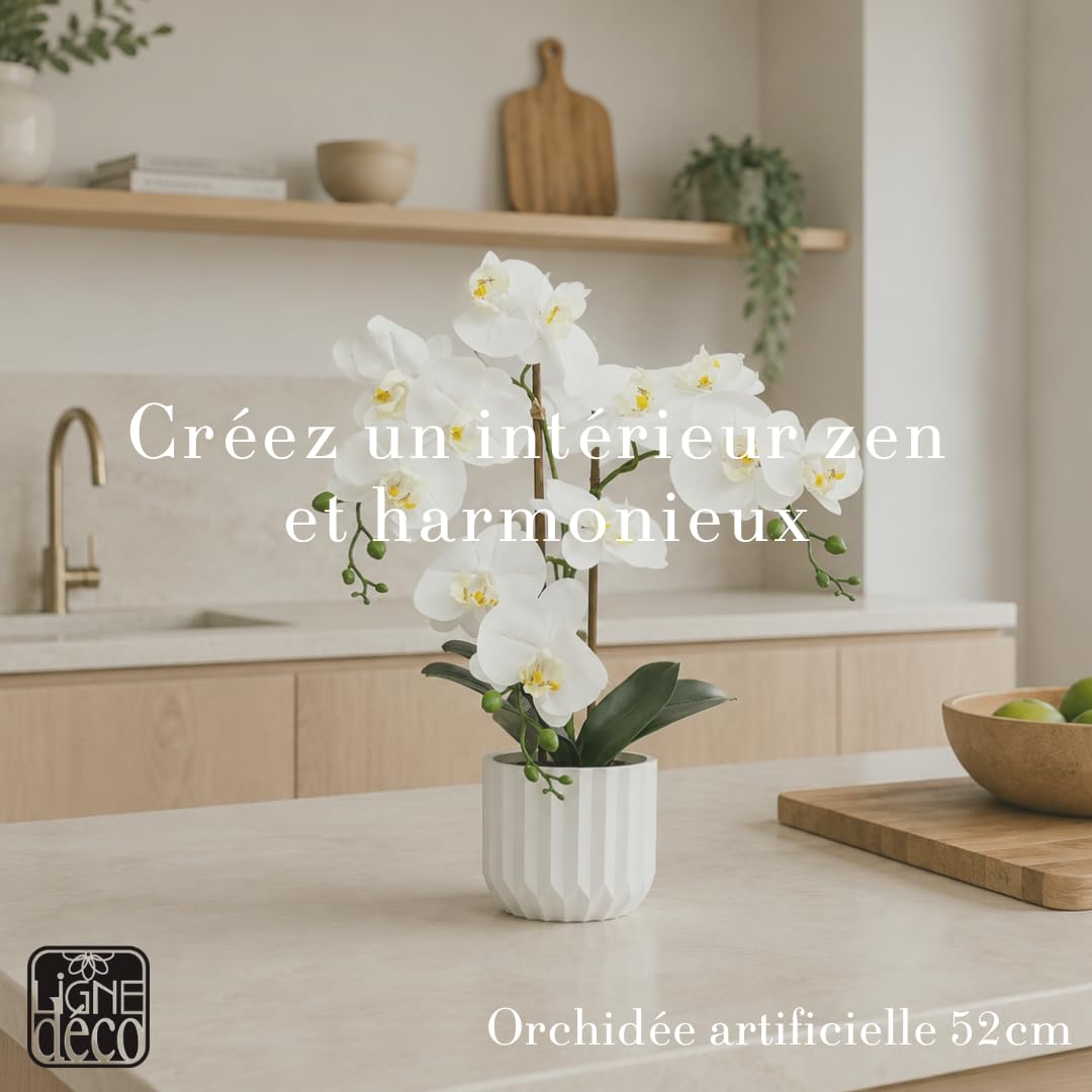 Ligne Déco - Orchidée Artificielle 52cm | Pot Plastique Blanc Intérieur Imitation Terre