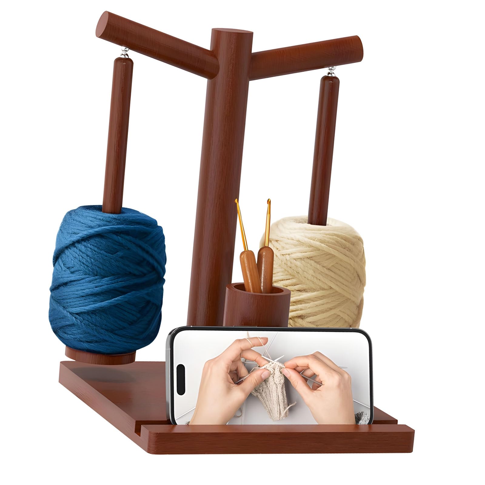 Yhplxyuus Wood Knitting Accessory Including Phone Stand Double Spool Holder for Neat Work Area Management Knitting Yarn Storage