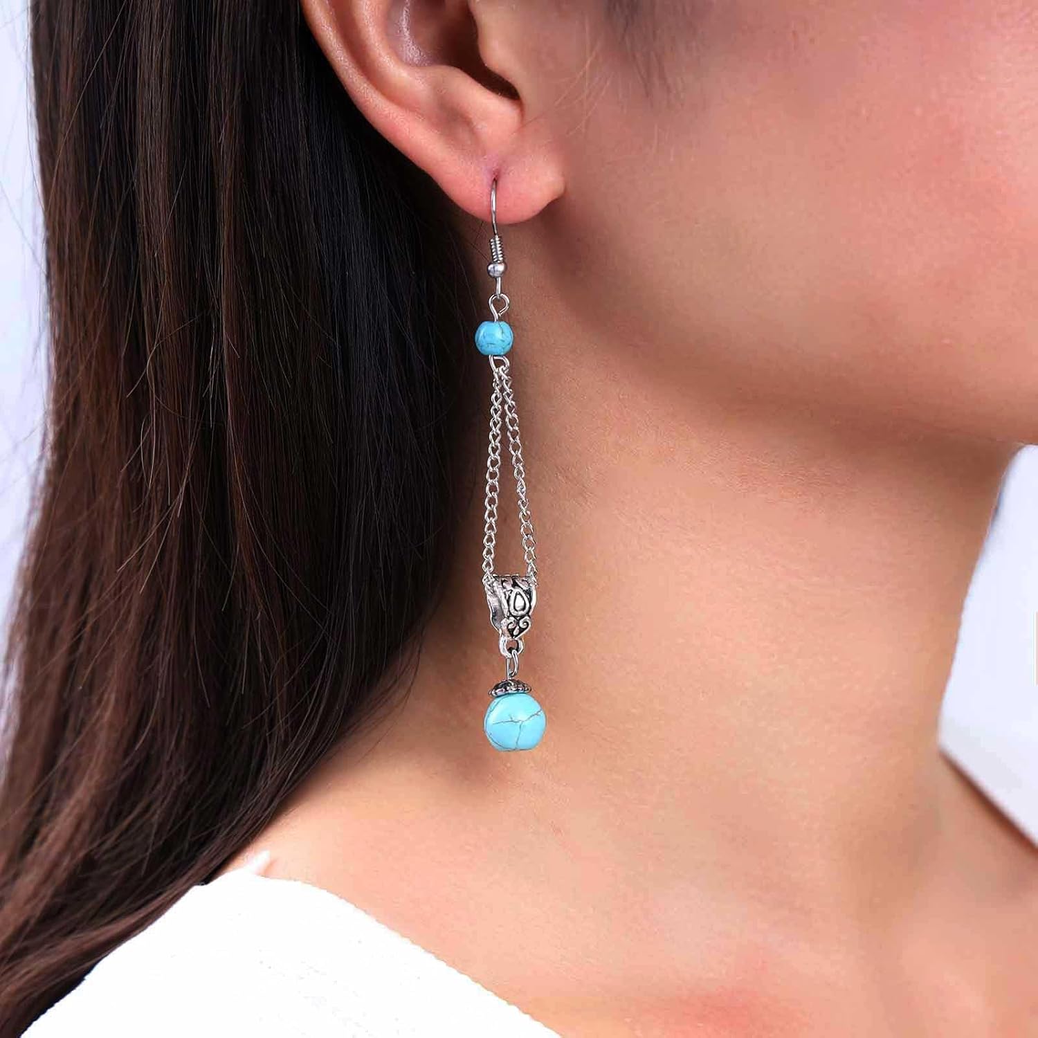 Bohemian Turquoise Tassel Dangle Earrings Silver Turquoise Drop Earrings Long Turquoise Bead Tassel Chain Earrings Round Turquoise Stone Hook Earrings Jewelry for Women - Image 2