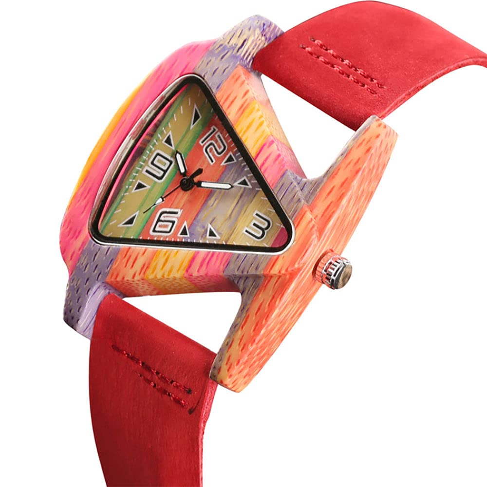 CAIDAI&YL Orologio in Legno Creativo Orologi da Donna Quadrante a Triangolo Cinturino in Pelle da Donna Orologio al Quarzo da Donna in Legno di bambù colorato, Cinturino in Pelle Rossa Leather