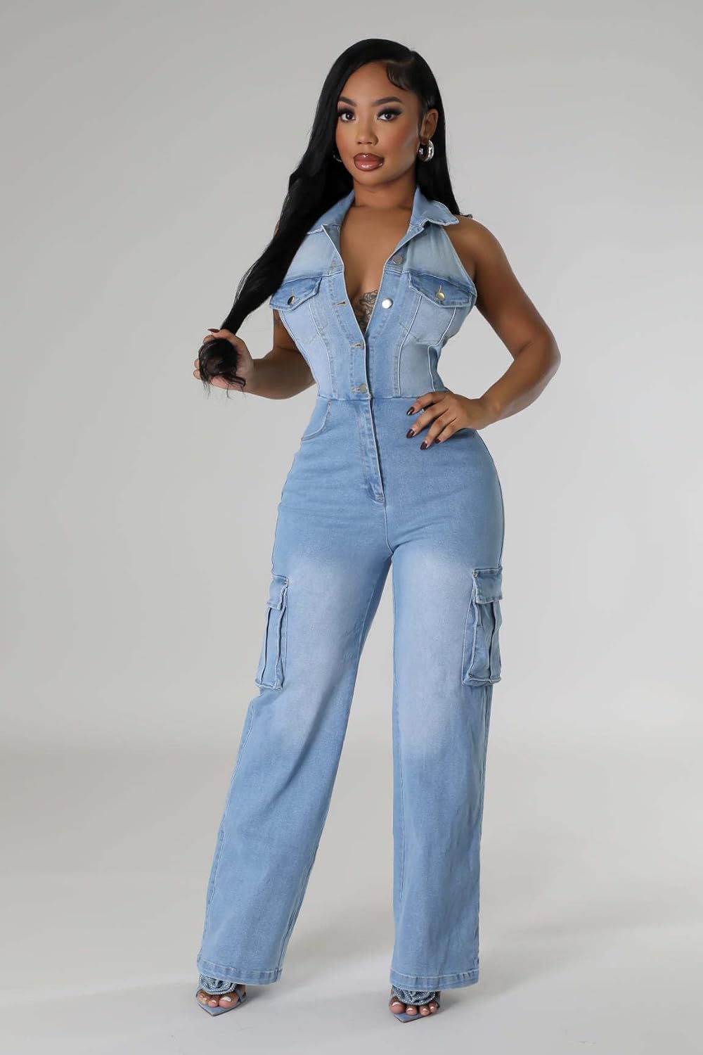 Women'S Denim Overalls Y2k Denim Jumpsuit Sleeveless Halter Neck Off The Shoulder Multi-Pocket Pants