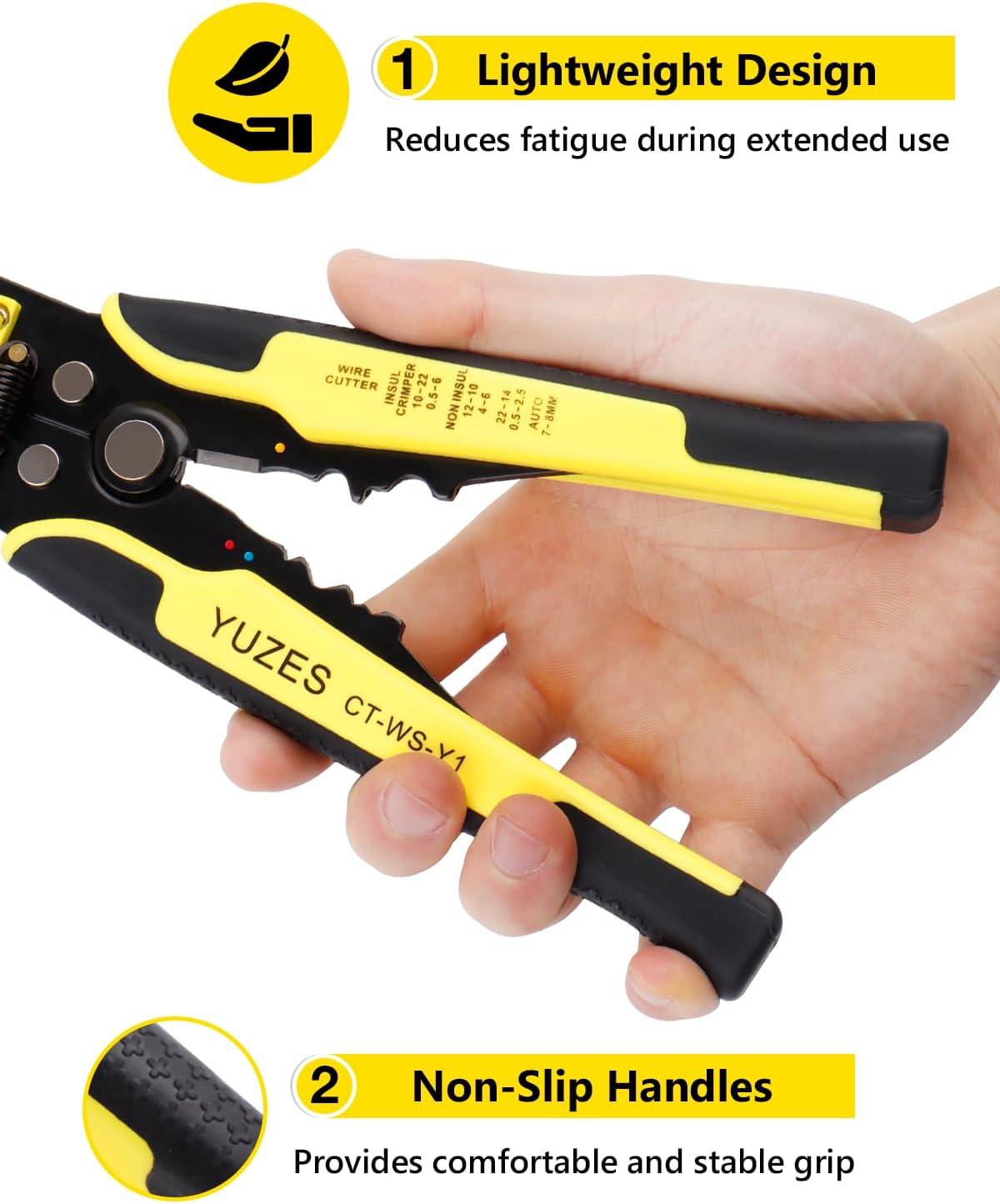 YUZES Automatic Wire Stripper and Crimping Tool Kit for Heat Shrink, Insulated Terminals, Open Barrel, Ferrule, Female Male & Solar Connectors - Ratcheting Wire Crimper with 4 Replace Dies (24-14AWG)