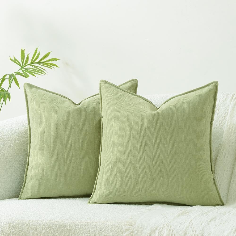 Sanmetex Decorative Chevron Chenille Throw Pillow Covers 18x18 Set of 2, Striped Velvet Pillow Covers, Modern Square Cushion Covers with Stitched Edge for Sofa Bed Bedroom Sage Green