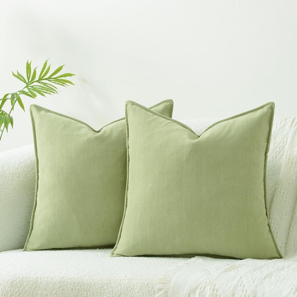 Sanmetex Decorative Chevron Chenille Throw Pillow Covers 18x18 Set of 2, Striped Velvet Pillow Covers, Modern Square Cushion Covers with Stitched Edge for Sofa Bed Bedroom Sage Green