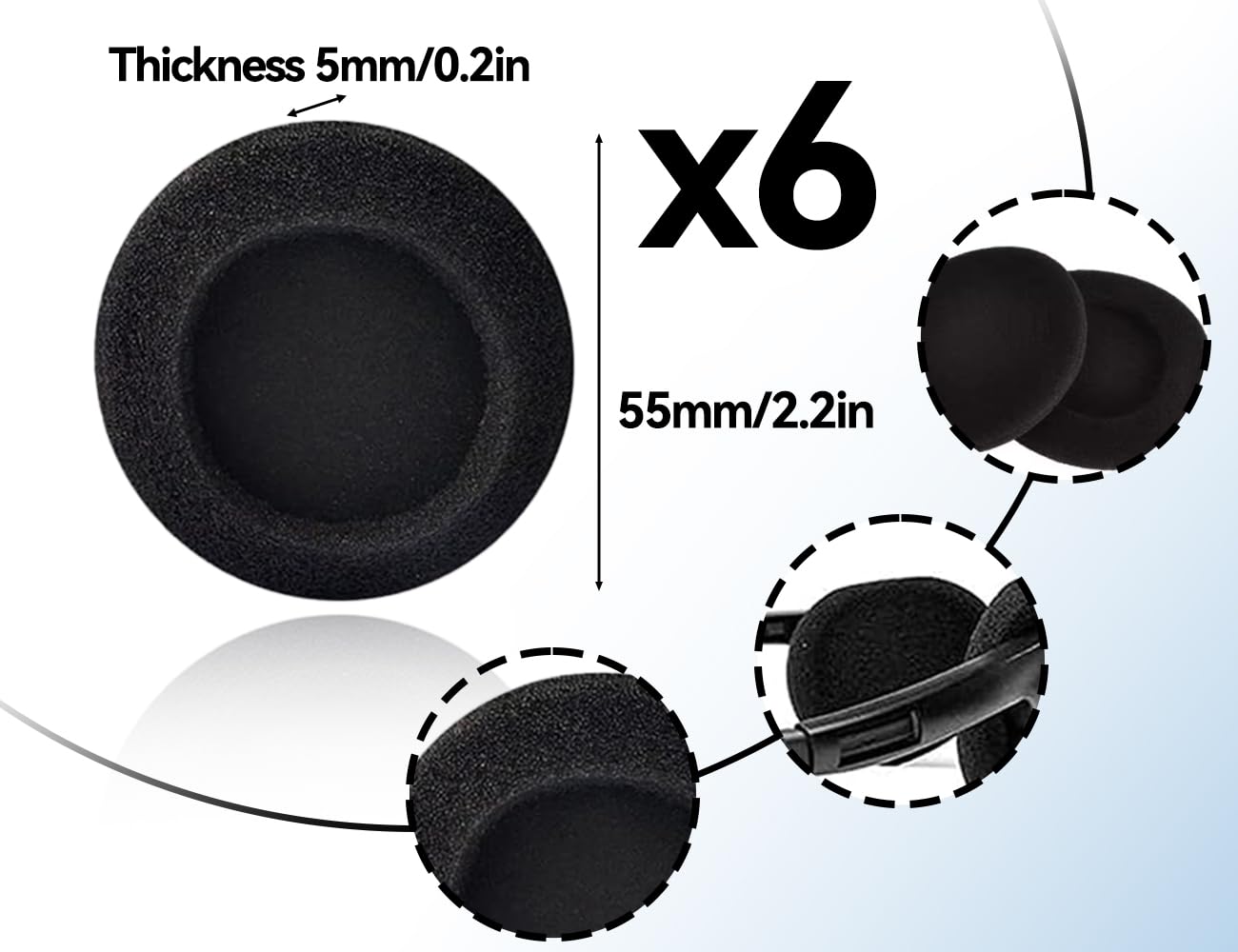 KAPSING 6 Pezzi Cuscinetti Auricolari in Schiuma di Ricambio Neri 55 mm per Cuffie Audio