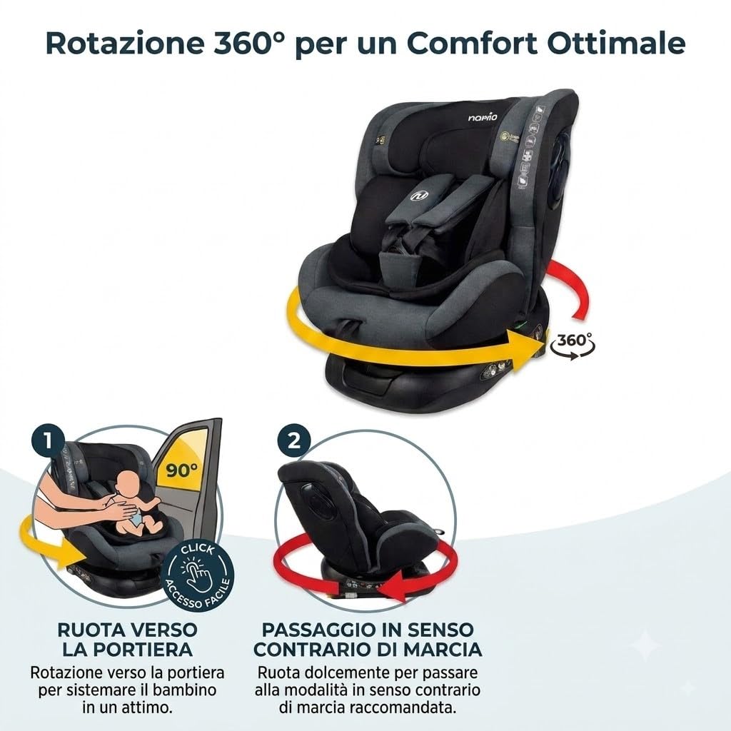 Nania, Parma, Seggiolino auto, i-Size, Girevole 360, evolutivo, nascita e fino a 12 anni circa, Gruppo 0/1/2/3, 40-150 cm, Seggiolino Auto ISOFIX, con indicatore elettronico di installazione
