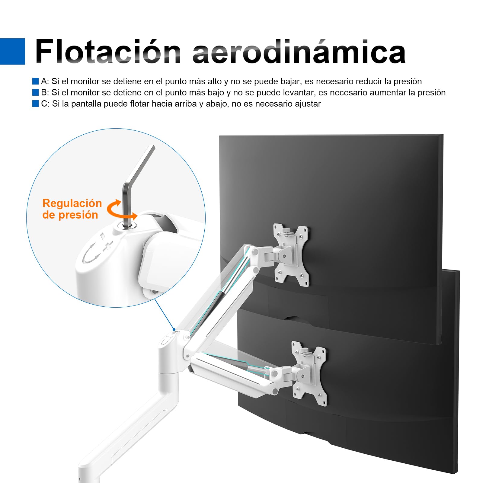 GRIFEMA GB2003W-1 Soporte de Monitor con Resorte de Gas para Pantalla de Computadora de 13-32 Pulgadas, Altura Ajustable, VESA 75x75/100x100, Peso 2-9 kg, Blanco