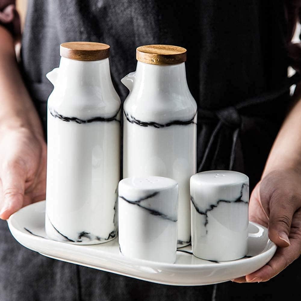 Oil Can Olive or Vinegar Bottle Anti-Leakage 5-Piece Bamboo/Ceramic Oil Bottle Kitchen Oil Dispenser Container Leak Proof Pourer Sauce Cruet 400ML