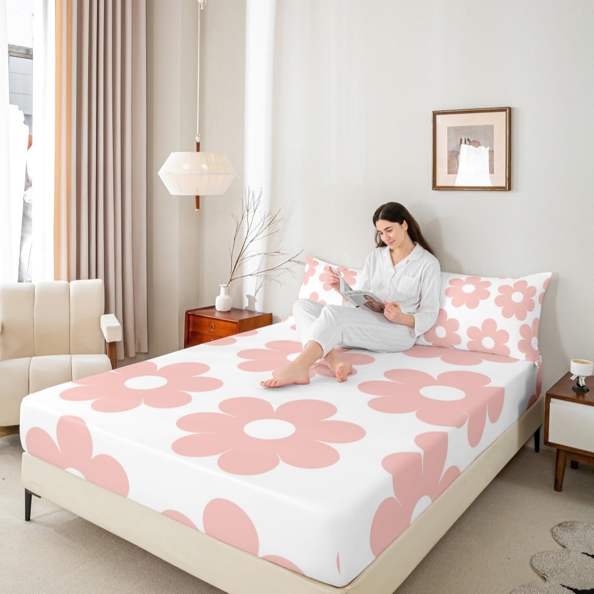 Manfei Girly Pink Bed Sheet Queen Set,70s Groovy Daisy Flowers Sheets Sets Boys Girls Bedroom Decor,Cute Cartoon Floral Bedding Set with Flat,Fitted Sheet,2 Pillow Cases