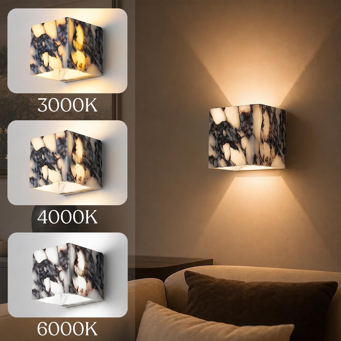 Marble Wall Sconce,Calacatta Viola Sconce Alabaster Wall Sconces Natural Stone for Bedside,Bathroom Vanity,Hallway & Bedroom,Hardwired,Up and Down Lighting Fixtures image 4