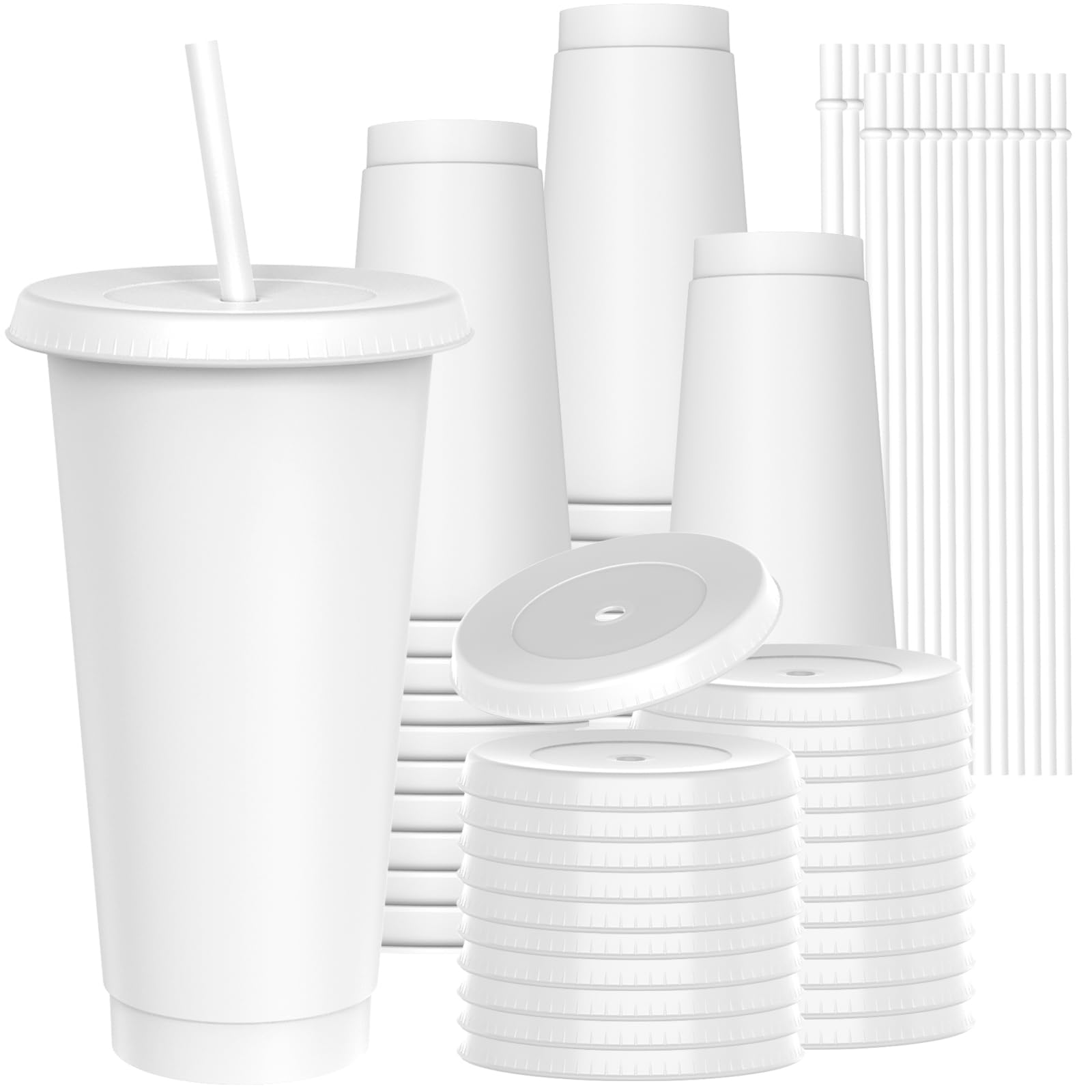 OZMOJOO 710 ml Plastic Cups with Lids and Straws, Sturdy & Food-Safe Iced Coffee Cups with Lid, Plastic Tumbler Reusable, Drinking Cups for Cold Drinks, Milkshakes, Smoothies - White(24 Sets)