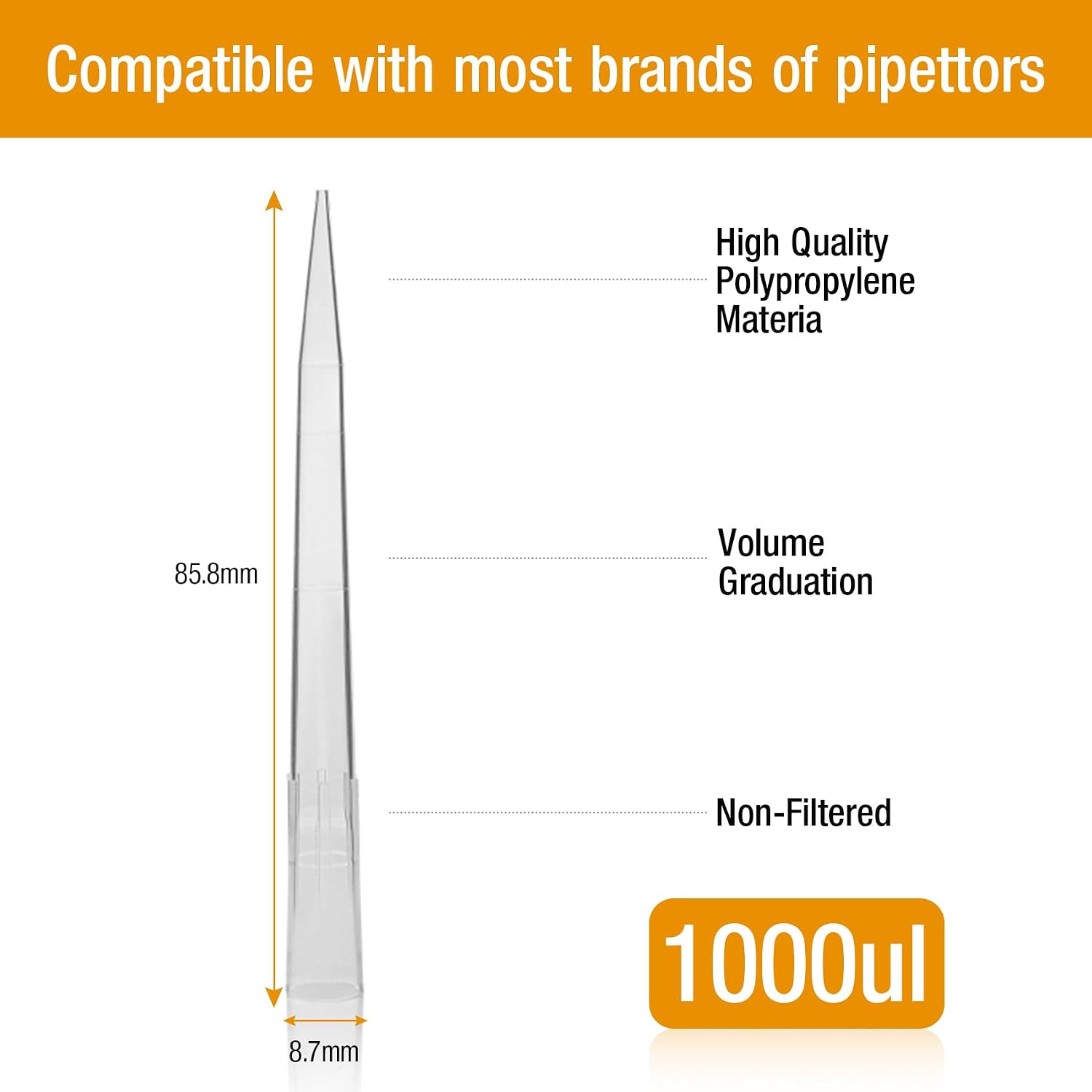 1000uL Sterile Pipette Tips (96 Tips/Rack), Universal Plastic Liquid Pipettor Tips Disposable Pipette Pipettor Transfer Pipettes for Laboratory