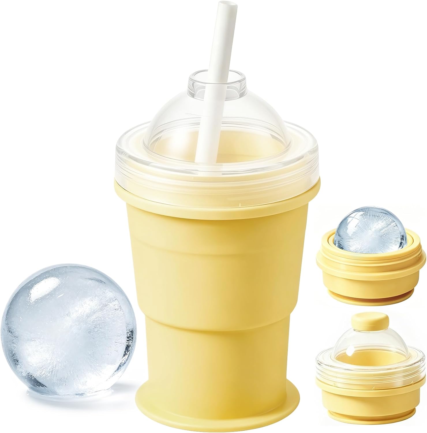 2-in-1 Collapsible Silicone Ice Ball Maker Cup, Reusable Portable Large Ice Sphere Mold with Straw & Lid, Easy to Demo, Leakproof Travel Ice Cube Cup for Bourbon,Cocktails,Juice,Tea & Coffee (Yellow)