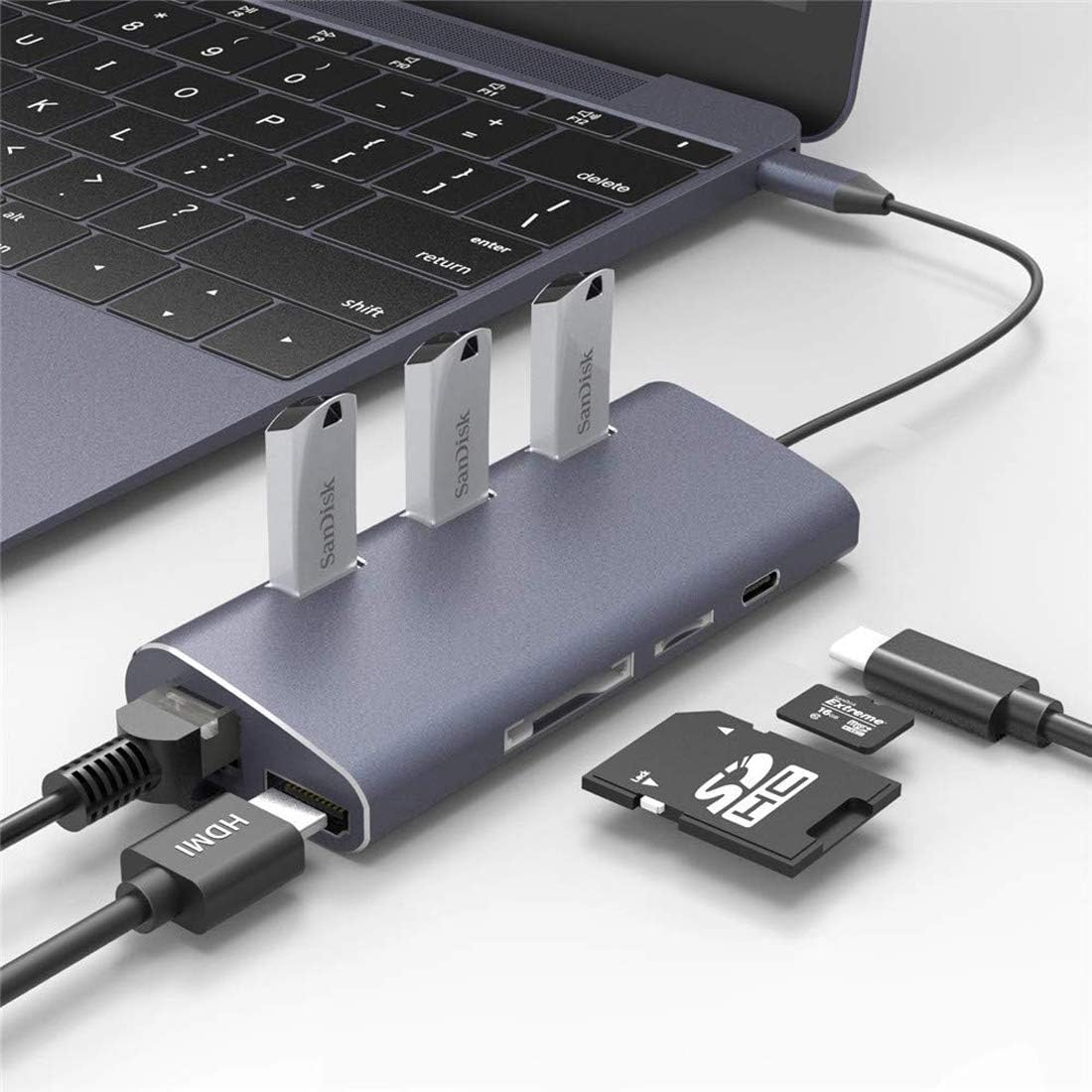 USB C Hub, 8 in1 Type C Multi Hub Adapter with 4K HDMI, Gigabit Ethernet Network, USB 3.0, SD/TF Card Reader, Pd Charging Port for Mac Pro/Mini, Other Type C Laptops