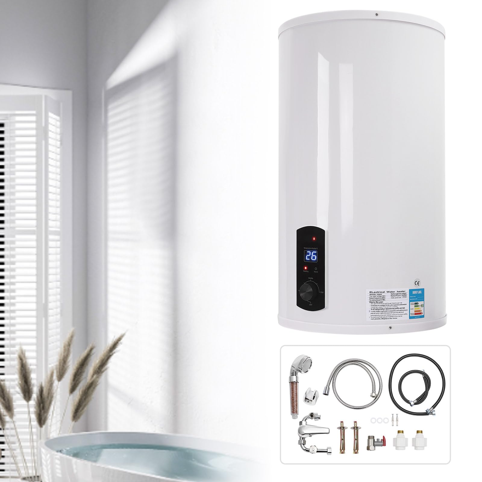 Scaldabagno elettrico, scaldabagno 230 V, scaldabagno istantaneo per doccia e cucina 2000 W, scaldabagno verticale 70 litri, IPX4, per cucina, bagno, ripostiglio, garage