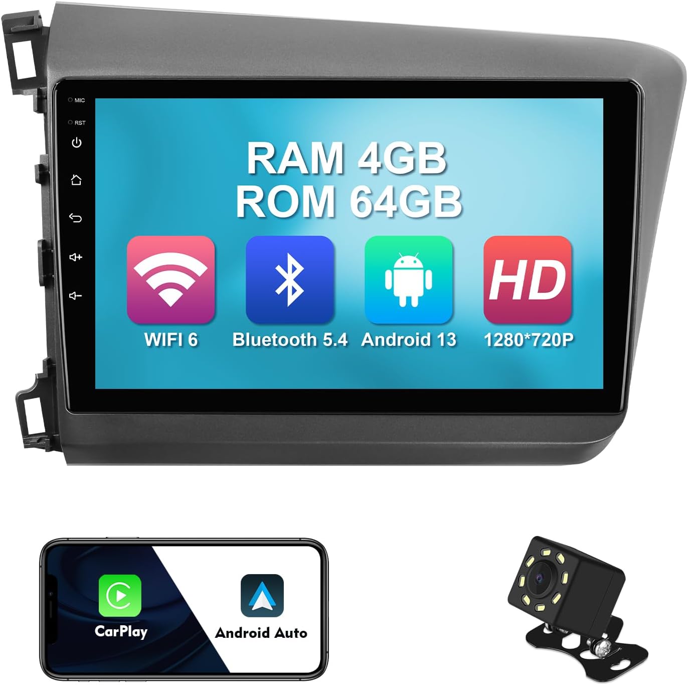 2+32G 9-inch Android 12 Car Stereo for Honda Civic 2012-2015 IPS Touchscreen Screen Car Radio with WiFi 6 Carplay & Android Auto Support Backup Camera GPS FM Navi Bluetooth 5.4 SWC