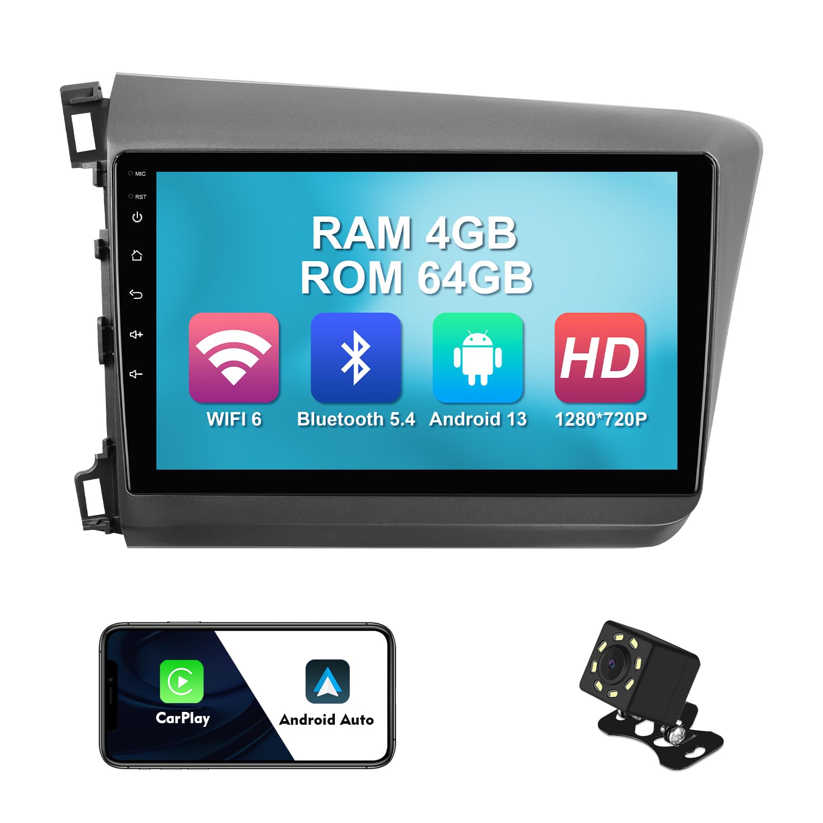 4+64G 9-inch Android 13 WiFi 6 Car Stereo for Honda Civic 2012-2015 IPS Touchscreen Screen Bluetooth 5.4 Car Radio with Carplay & Android Auto Support