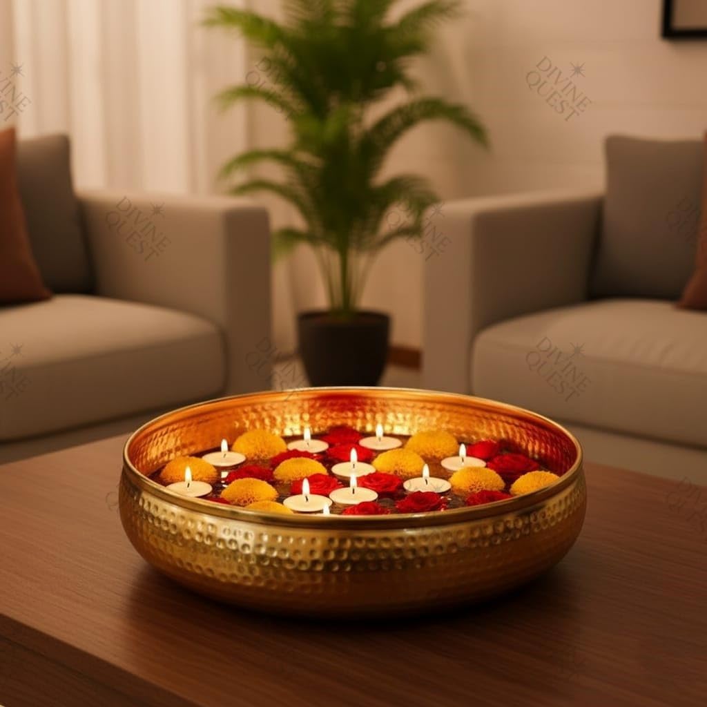 Hand-Hammered Golden Aura Decorative Urli Bowl with Floating Candles & Flowers – Brass Finish Centerpiece for Home & Festive Décor, Diwali and Gift,Puja Traditional Centerpiece-image-19